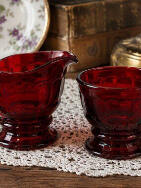 CS-10--Vintage Ruby Red Glass Cream & Sugar Set – Footed Fluted English Glass –